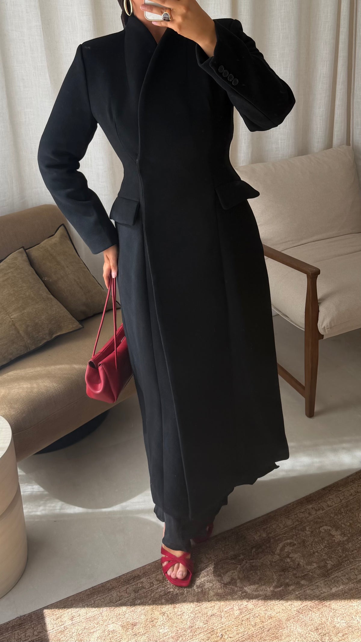 [GAMME LUXE] Manteau ultra long cintré en laine véritable | Noir