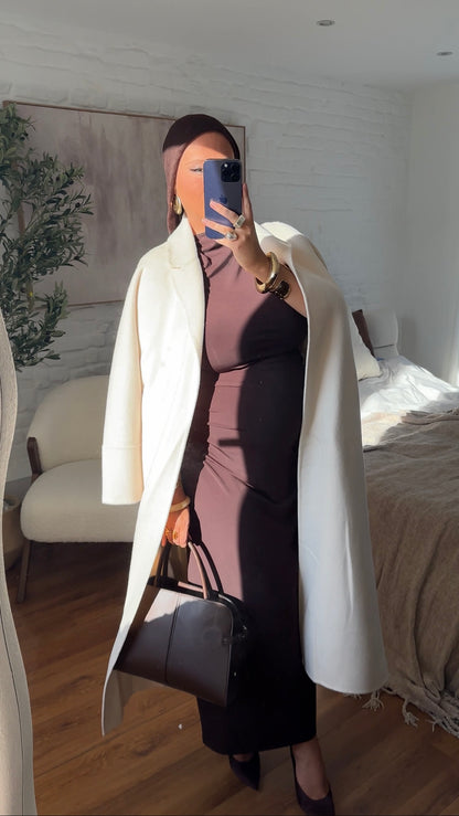 [GAMME PREMIUM] Manteau long en laine véritable fait main à ceinture | Écru
