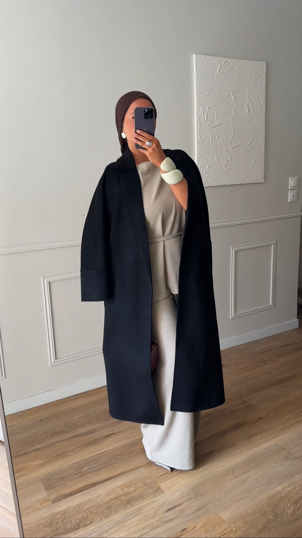 [GAMME PREMIUM] Manteau long en laine véritable fait main à ceinture | Noir