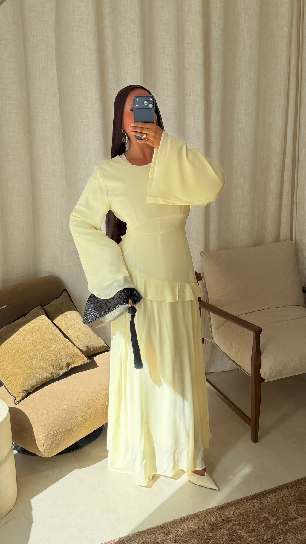 Robe ultra longue fluide doublée avec lacets à l'arrière | Jaune