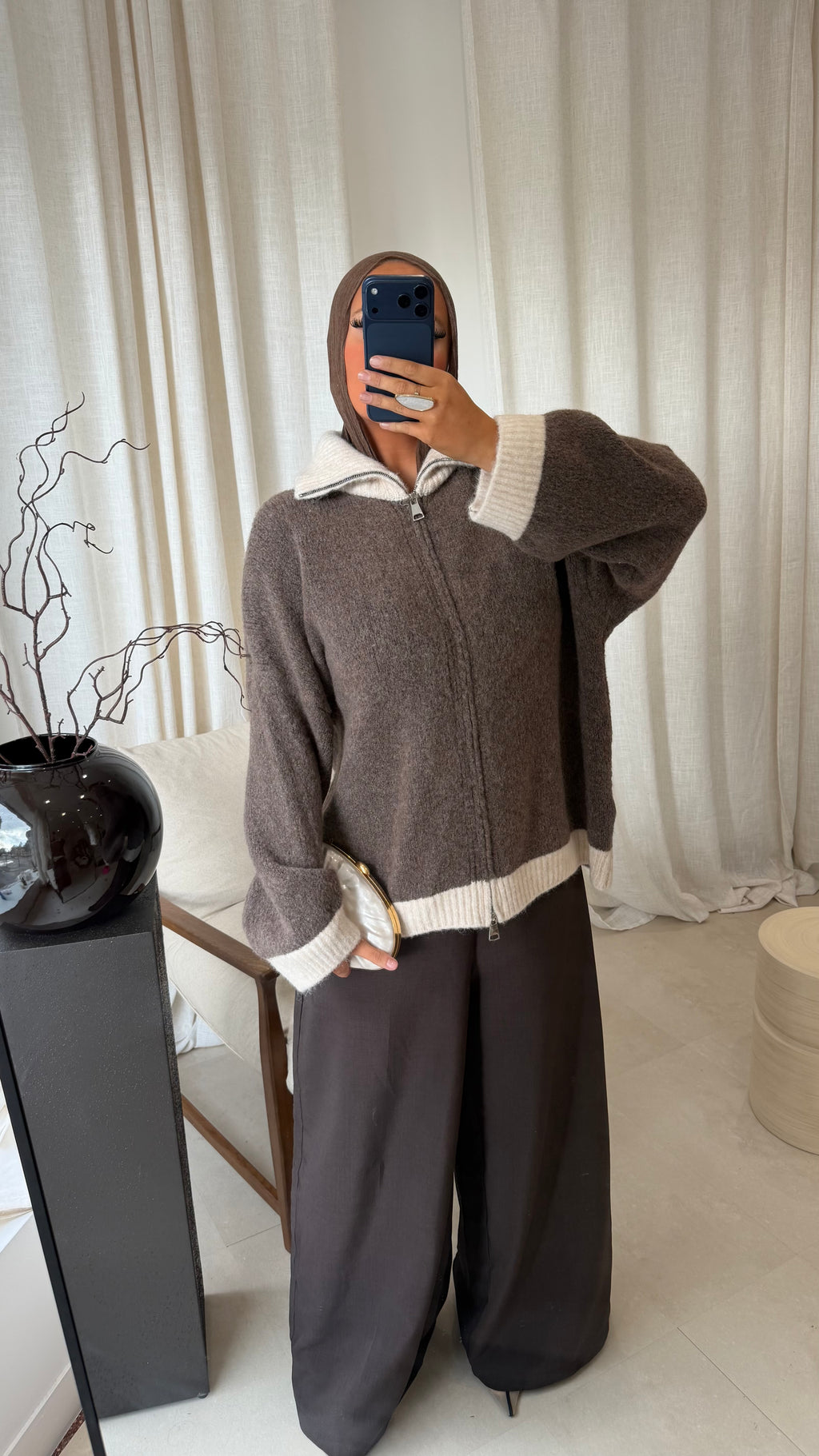 Pull ultra doux à zip bicolore MATHILDE | Marron et crème