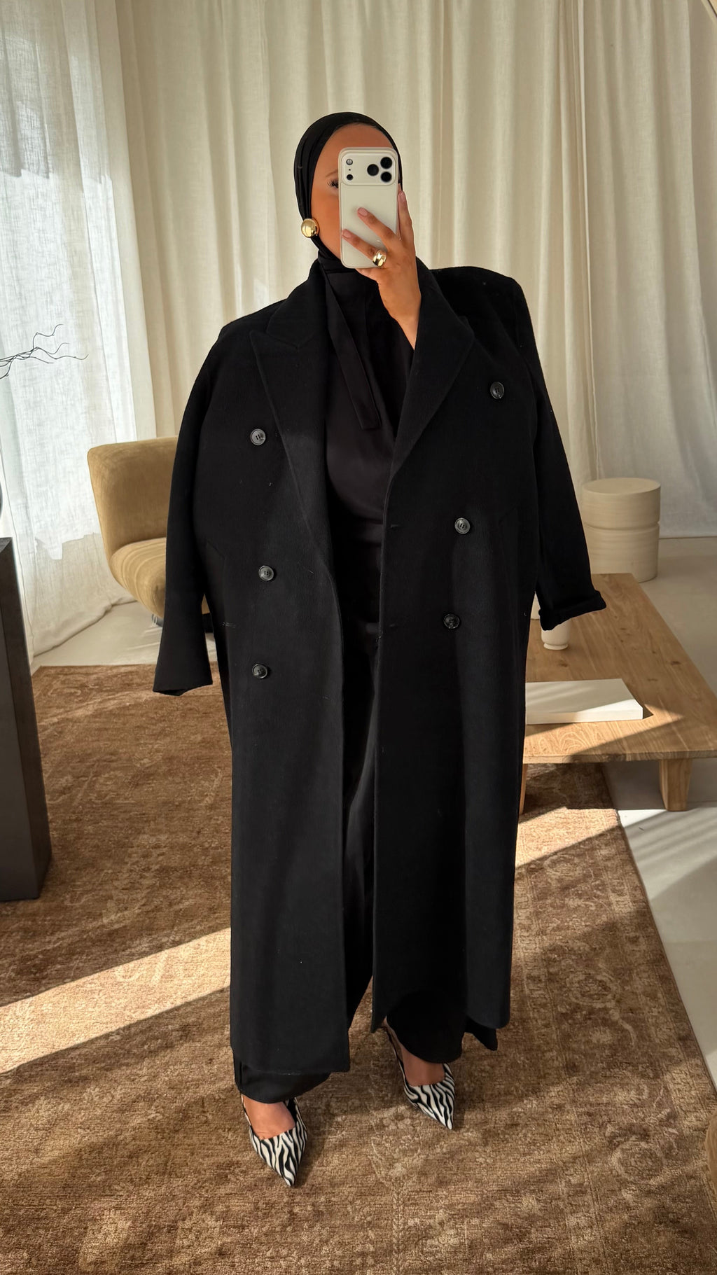 [GAMME LUXE] Manteau ultra long et large à épaulette en laine véritable cousu main | Noir