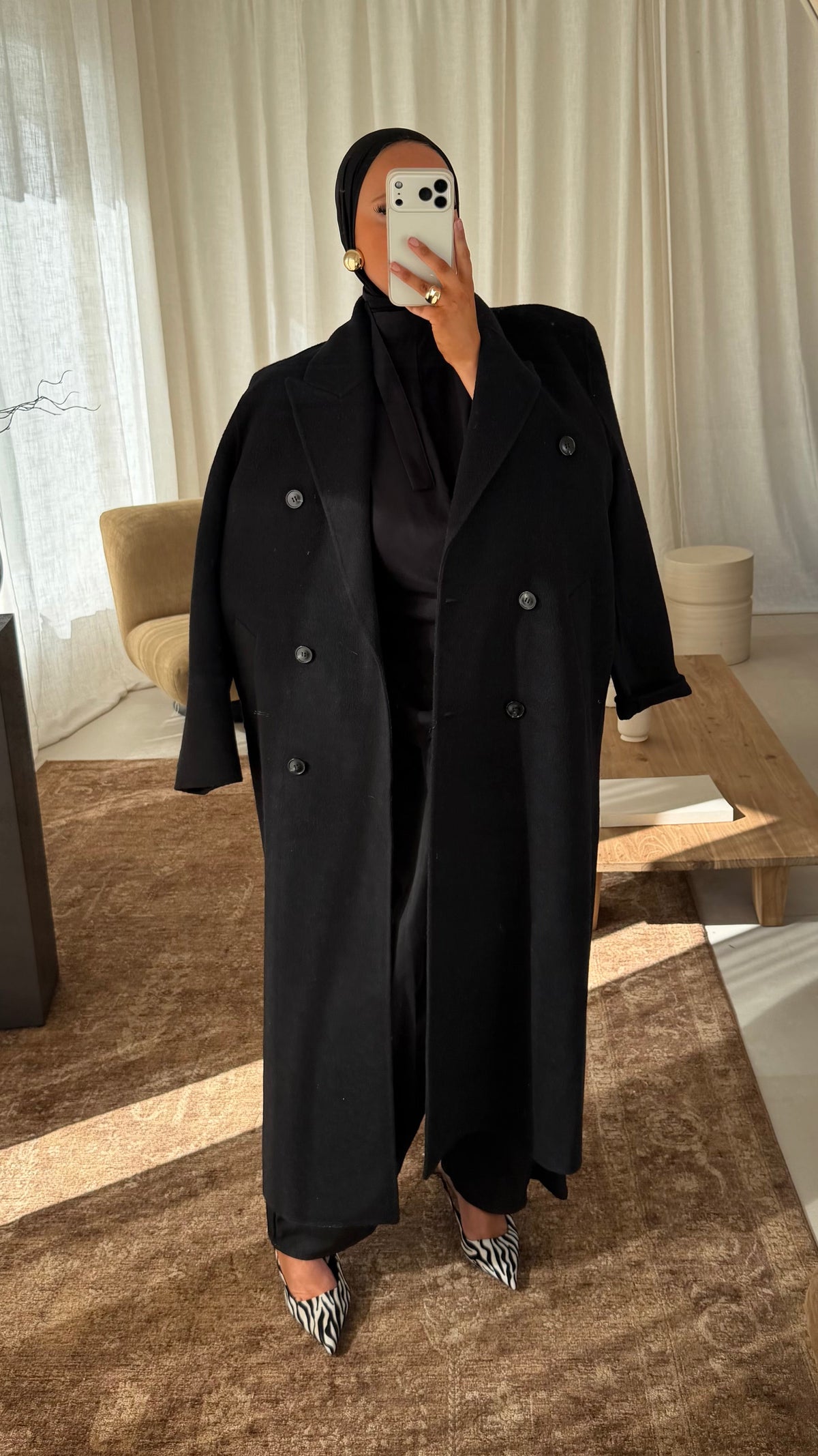 [GAMME LUXE] Manteau ultra long et large à épaulette en laine véritable cousu main | Noir