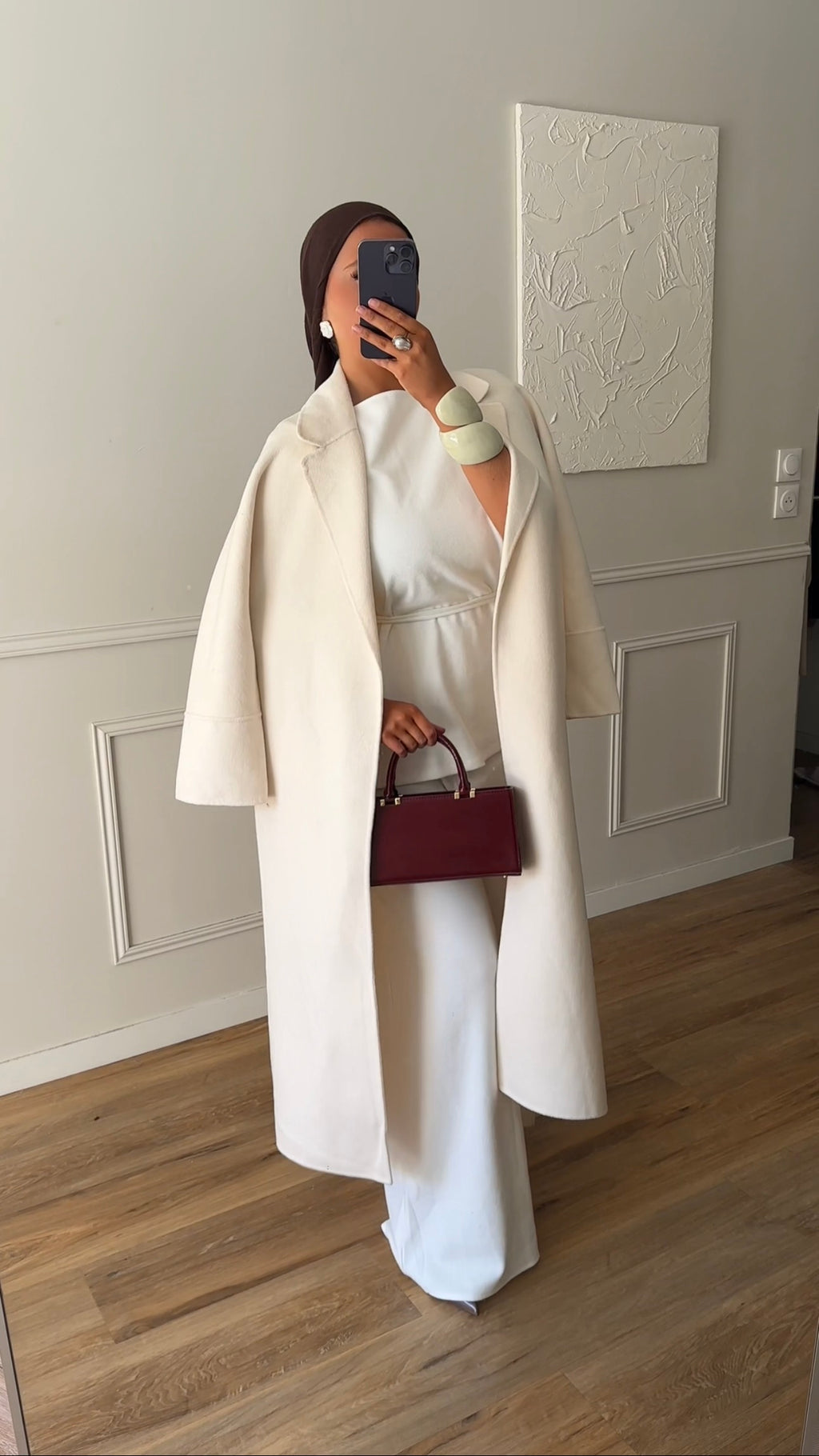 [GAMME PREMIUM] Manteau long en laine véritable fait main à ceinture | Écru