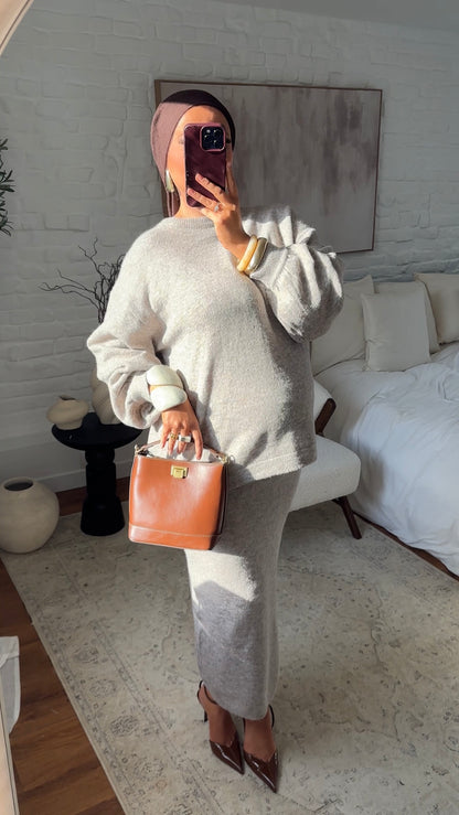 Ensemble comfy en laine véritable jupe longue et pull long | Beige