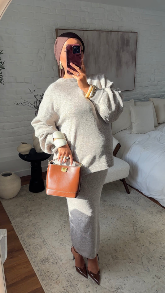 Ensemble comfy en laine véritable jupe longue et pull long | Beige