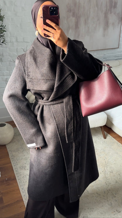 [GAMME PREMIUM] Manteau long en laine véritable fait main à ceinture | Marron