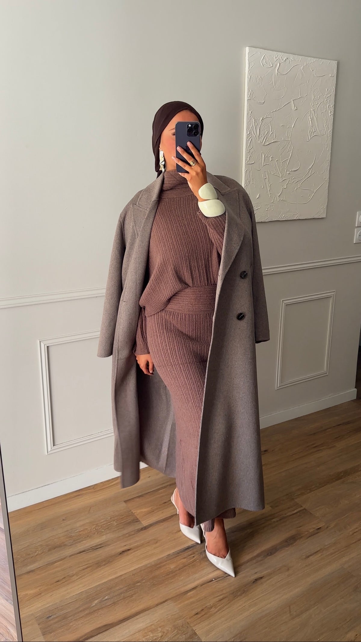 [GAMME PREMIUM] Manteau ultra long en laine véritable fait main | Taupe