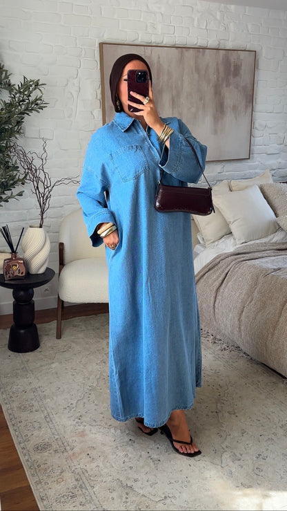 Chemise ultra longue sans fentes en jean à fermeture | Denim clair