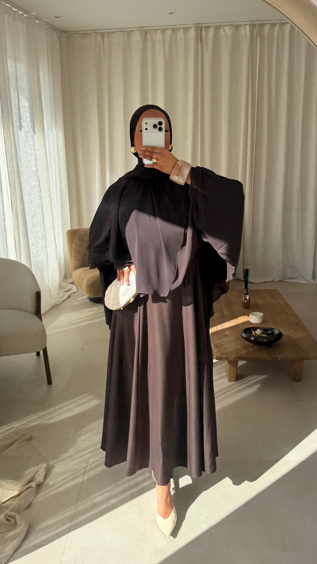 Robe ultra longue à manches courtes | Marron