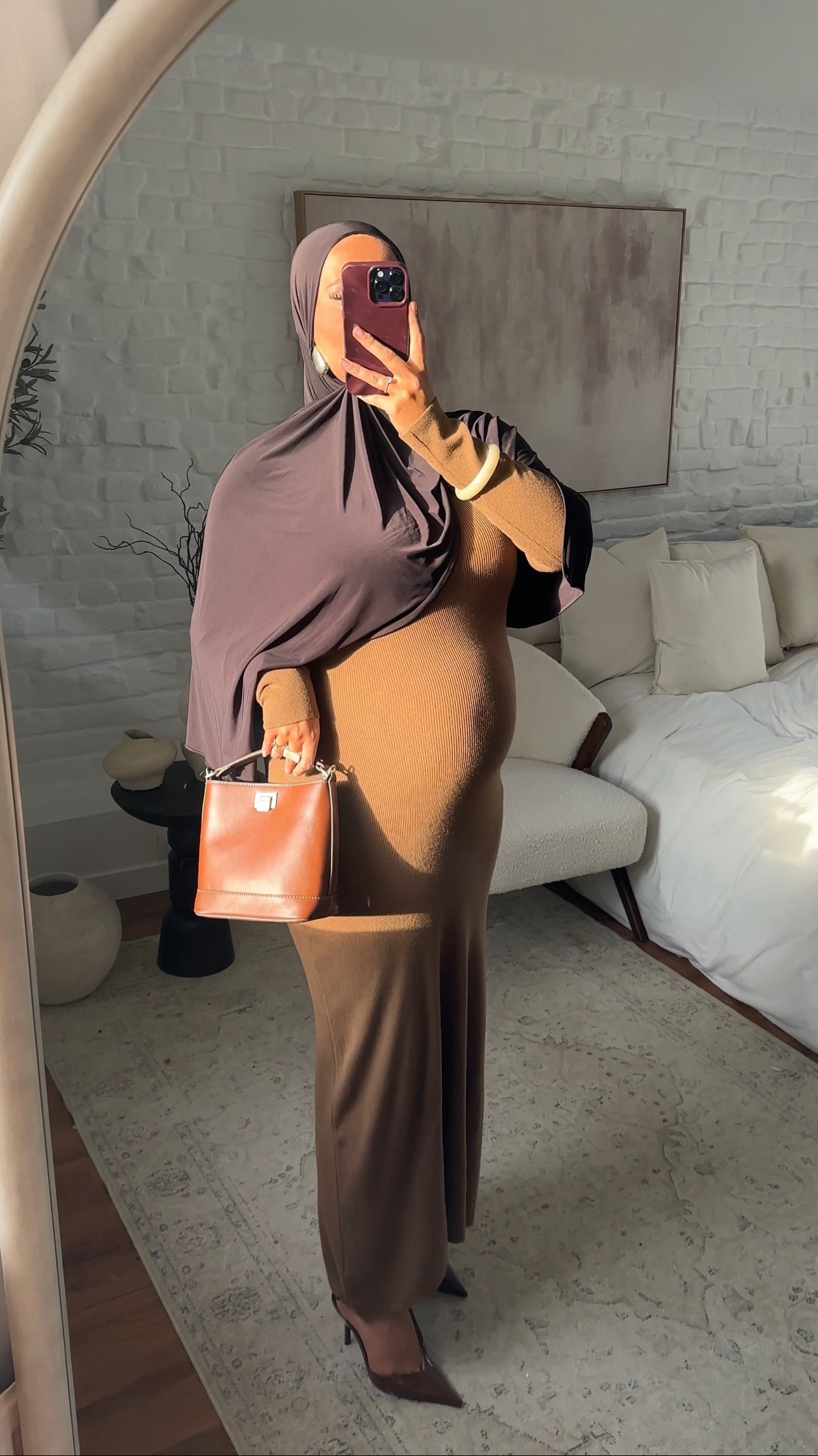 Robe pull ultra longue côtelée en maille épaisse | Camel