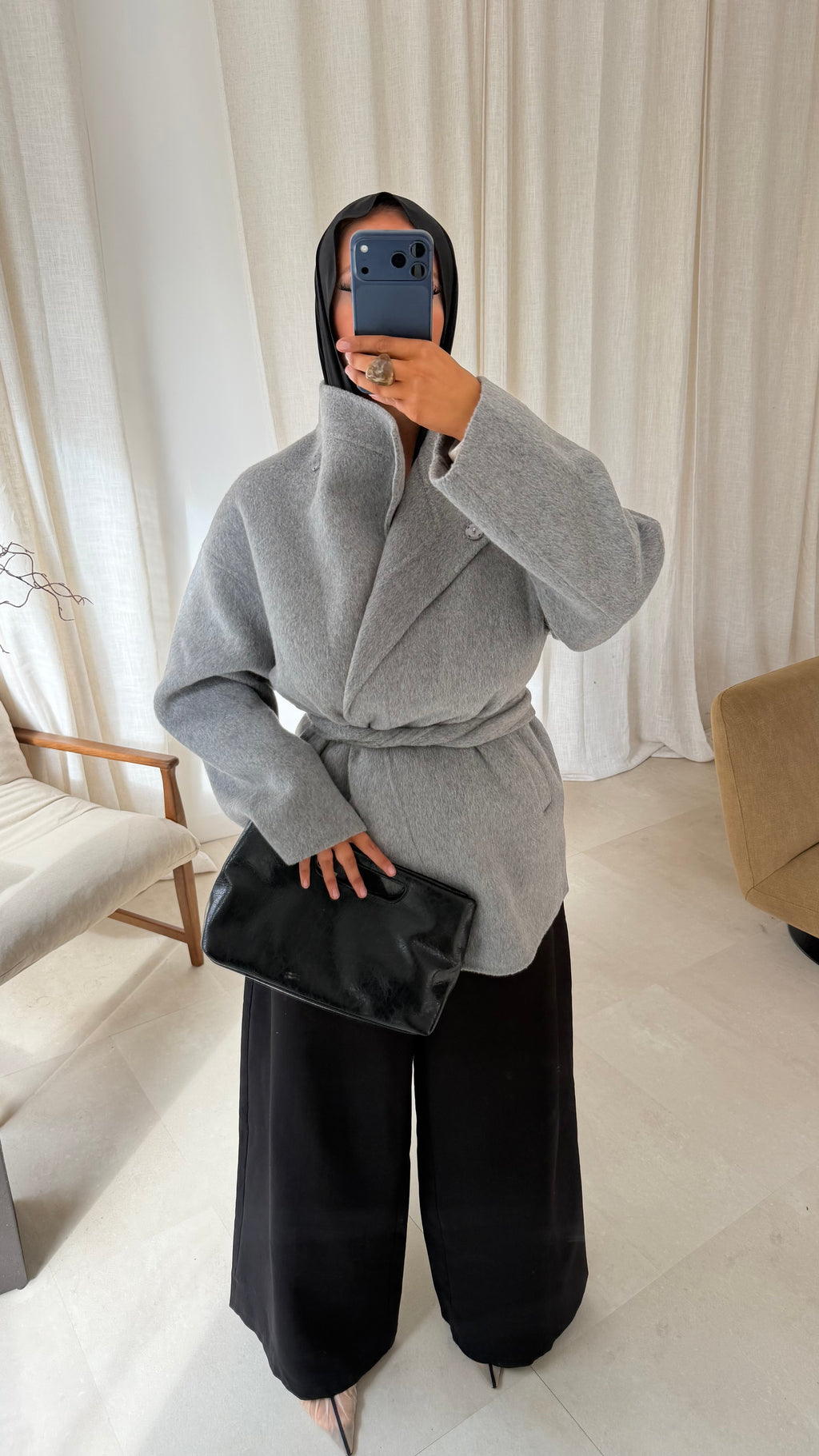 [GAMME LUXE] Manteau mi long cousu main en laine véritable | Gris
