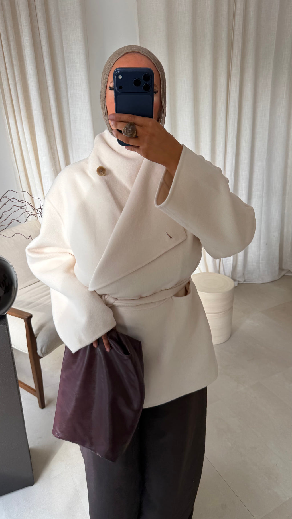 [GAMME LUXE] Manteau mi long en laine véritable à ceinture fait main | Écru