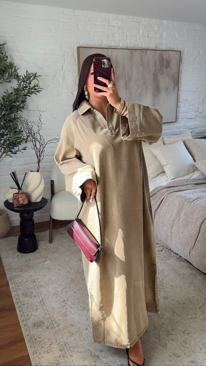 Chemise ultra longue sans fentes en jean | Denim taupe