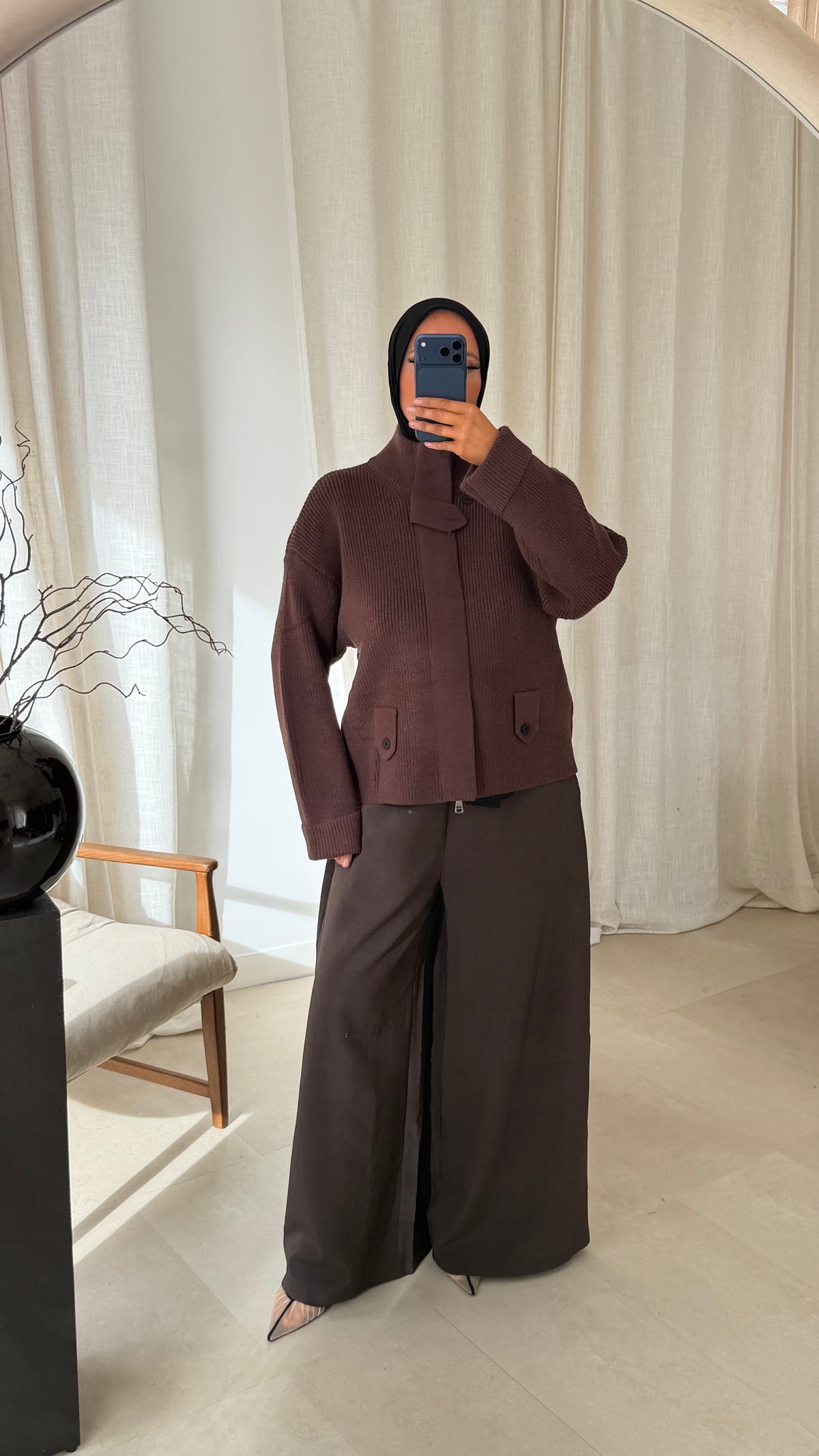 Pull grosse maille à zip à ceinture | Marron