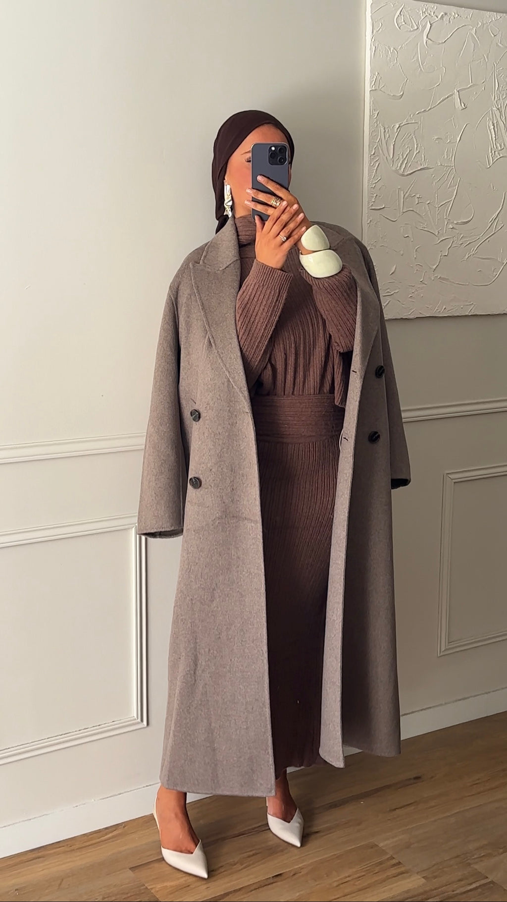 [GAMME PREMIUM] Manteau ultra long en laine véritable fait main | Taupe