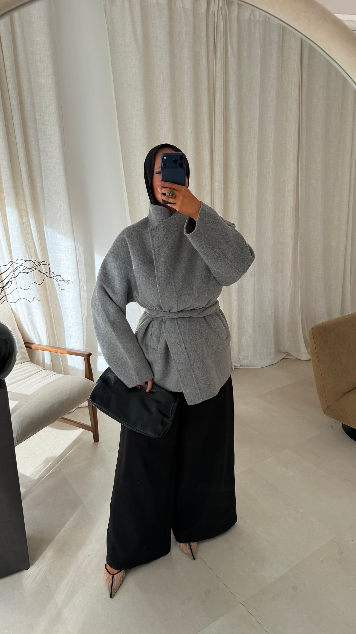 [GAMME LUXE] Manteau mi long cousu main en laine véritable | Gris