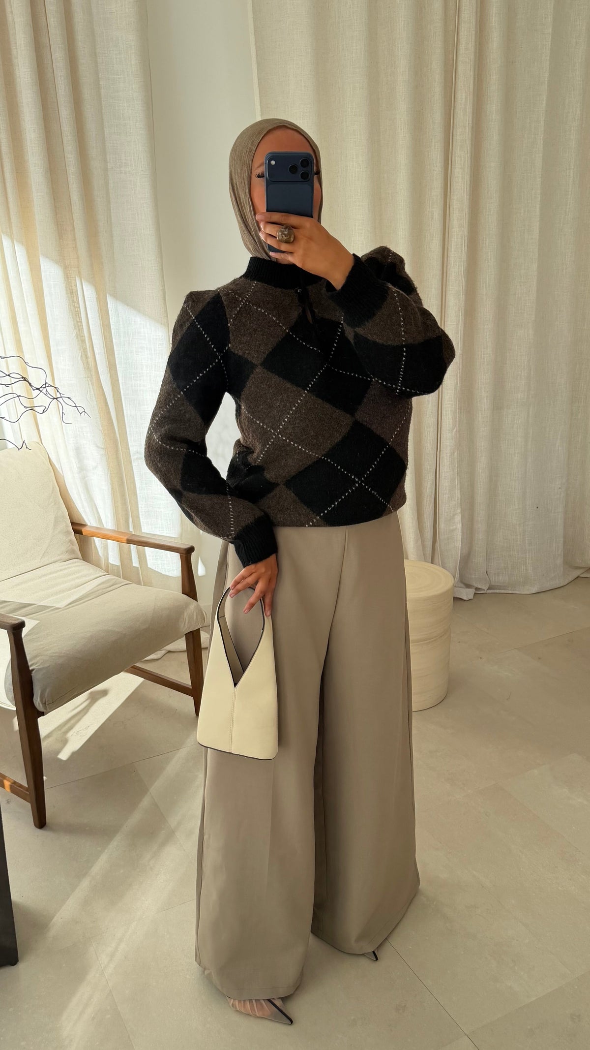 [GAMME PREMIUM] Pull ultra doux à carreaux ALYMPE | Marron et noir
