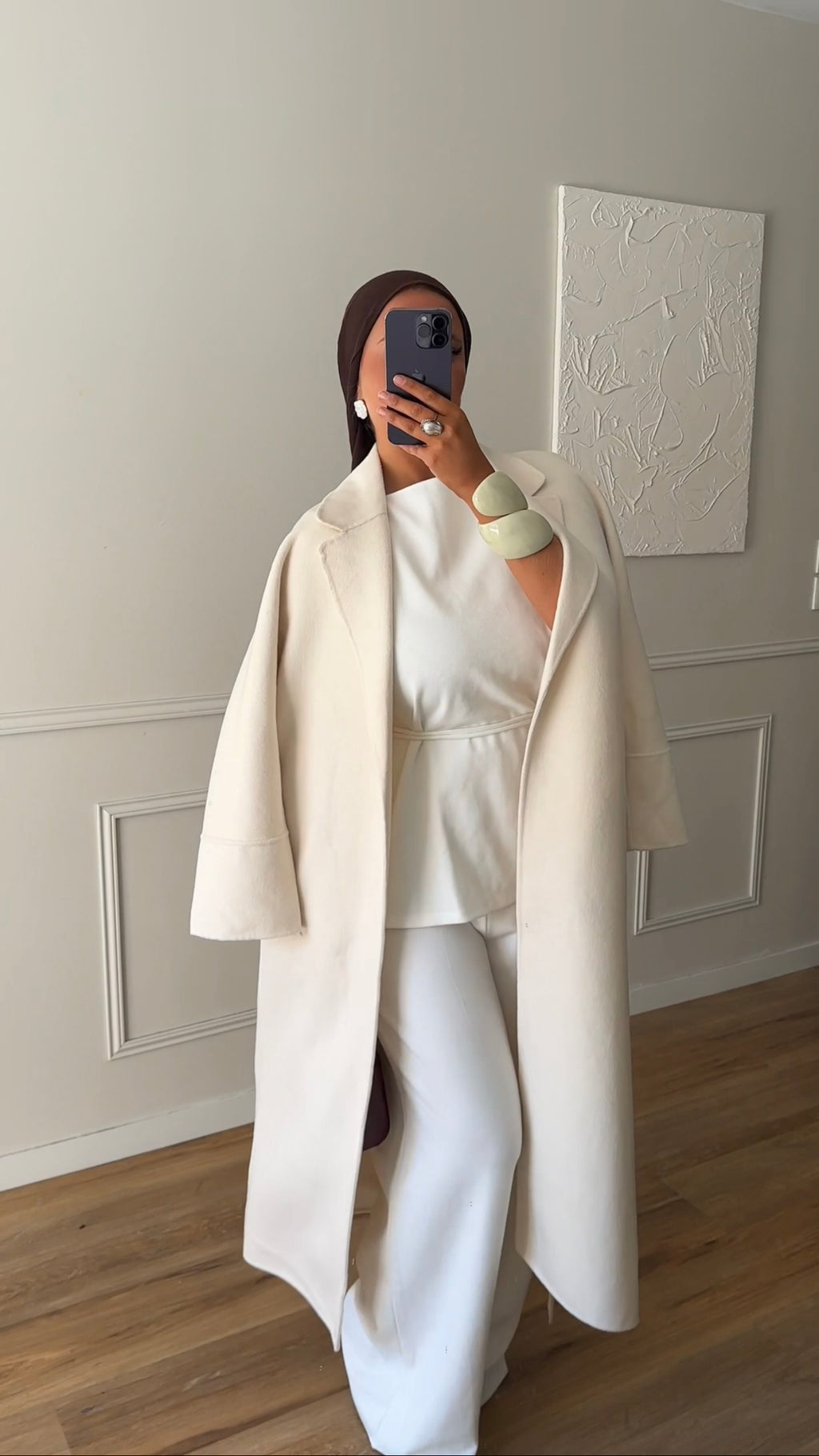 [GAMME PREMIUM] Manteau long en laine véritable fait main à ceinture | Écru