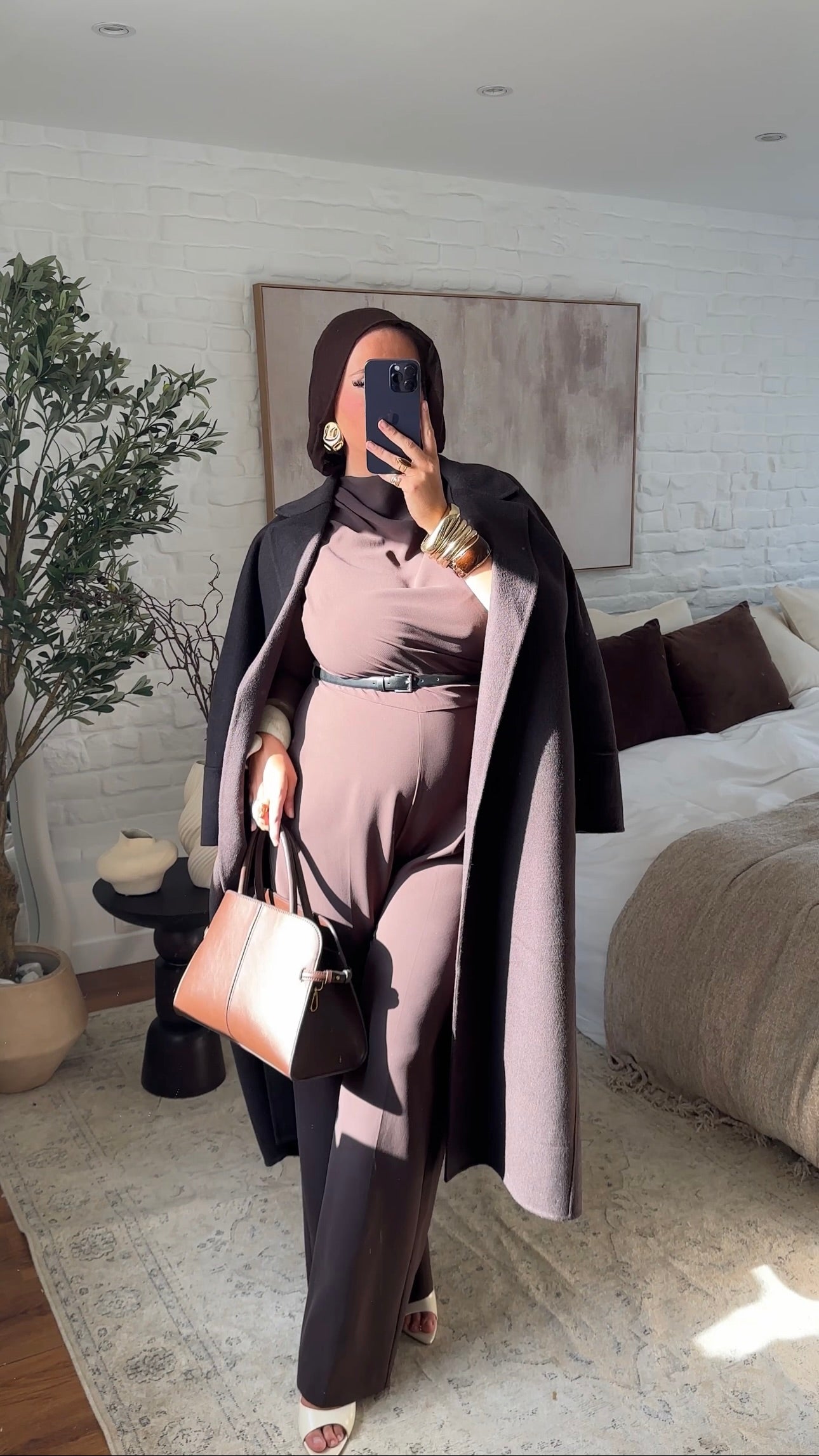 [GAMME PREMIUM] Manteau long en laine véritable fait main à ceinture | Marron dark chocolat