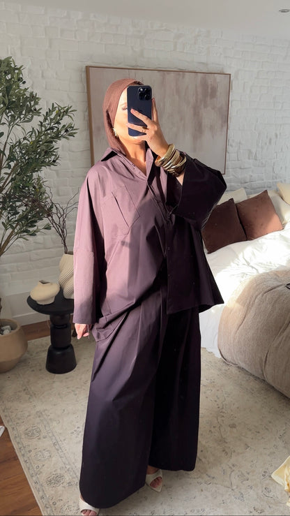 [GAMME LUXE] Chemise longue et large luxe en coton et satin | Bordeaux