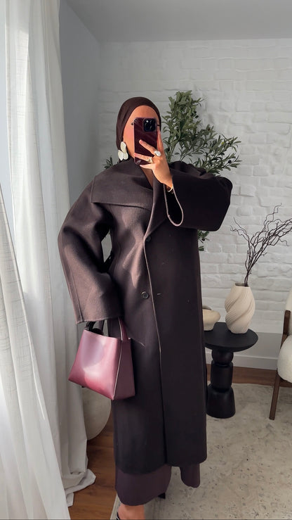[CRÉATION] Manteau en laine véritable et col montant | Dark chocolat