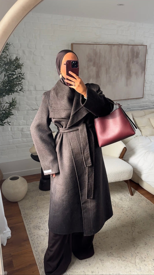 [GAMME PREMIUM] Manteau long en laine véritable fait main à ceinture | Marron
