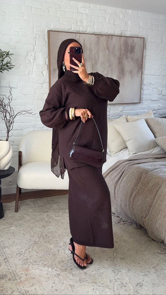 Ensemble comfy en maille à jupe longue et col montant | Marron