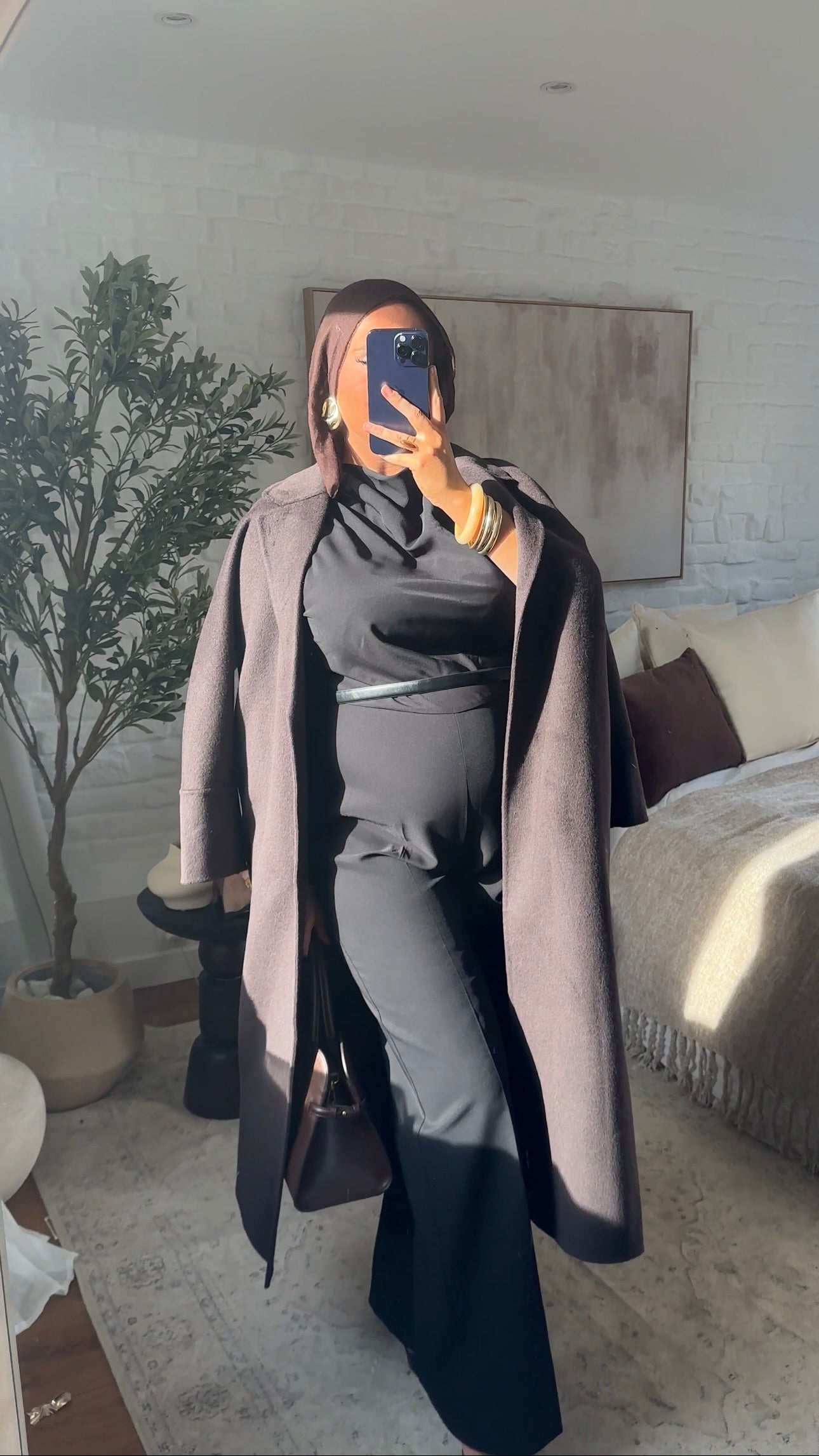 [GAMME PREMIUM] Manteau long en laine véritable fait main à ceinture | Marron dark chocolat