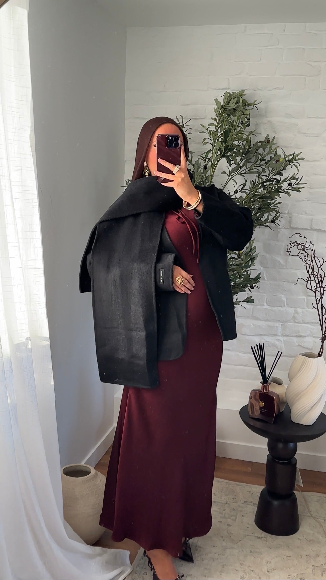 [GAMME LUXE] Manteau mi long en cachemire véritable à cape intégrée | Noir