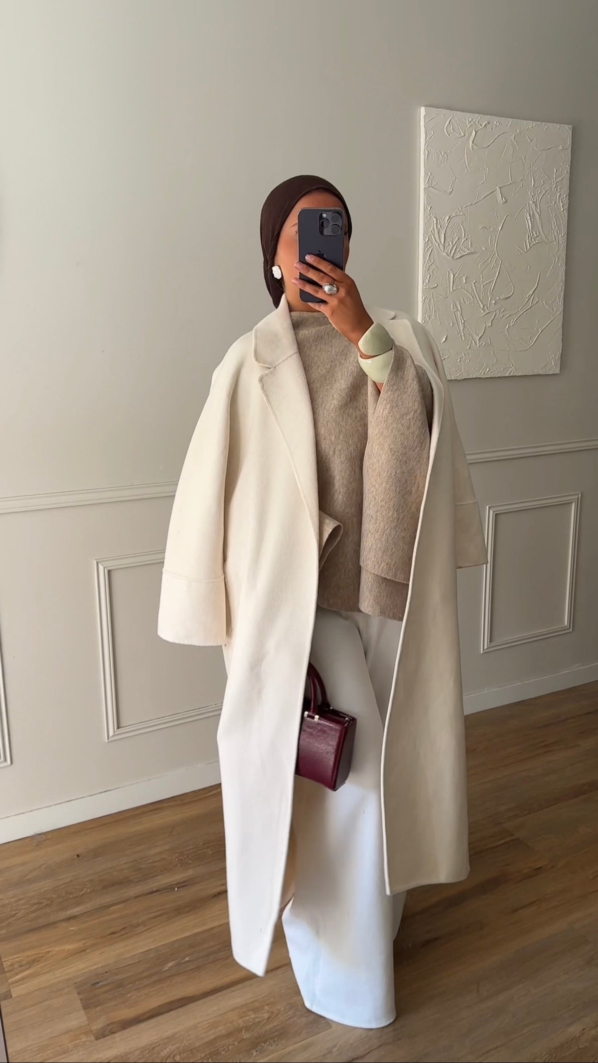 [GAMME PREMIUM] Manteau long en laine véritable fait main à ceinture | Écru