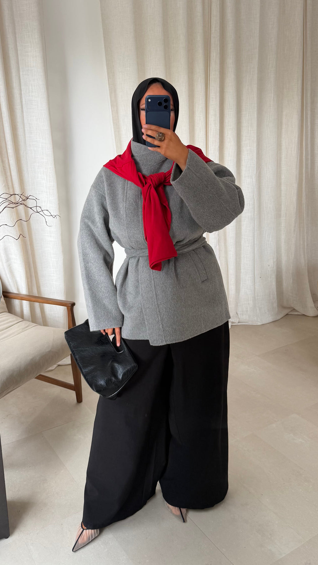 [GAMME LUXE] Manteau mi long cousu main en laine véritable | Gris