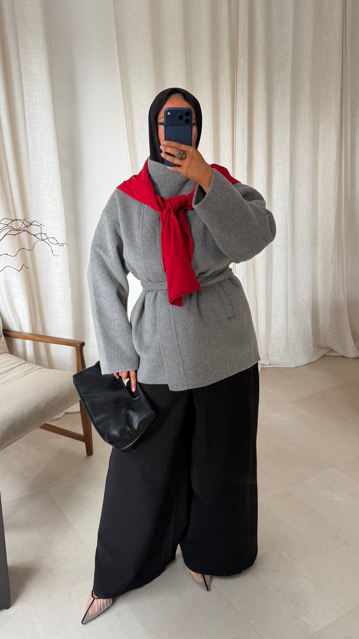 [GAMME LUXE] Manteau mi long cousu main en laine véritable | Gris