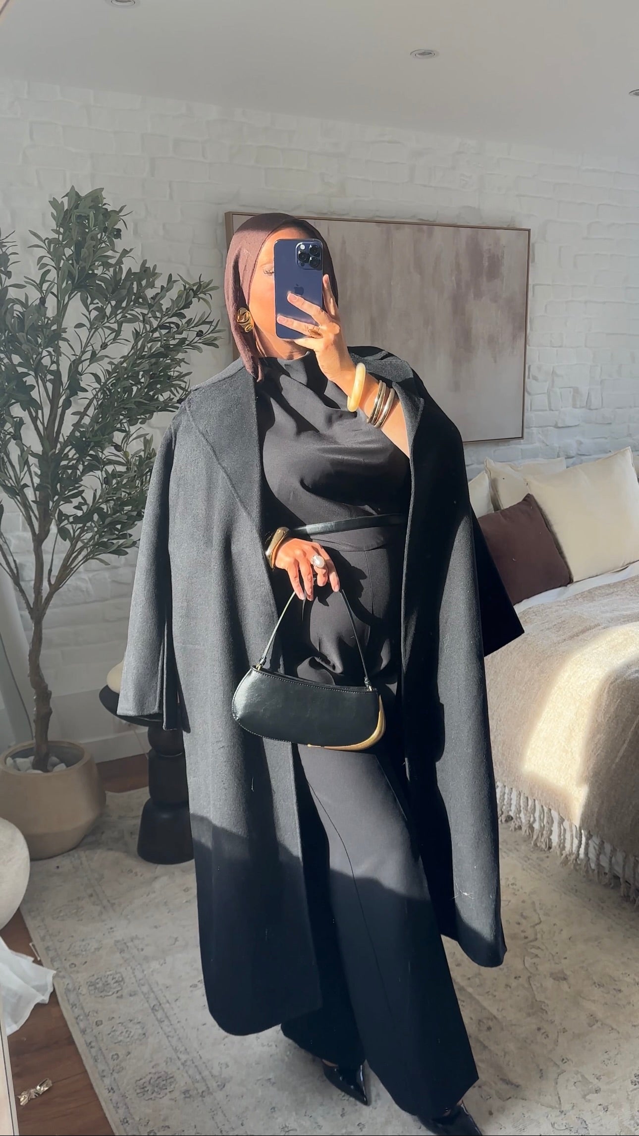 [GAMME PREMIUM] Manteau long en laine véritable fait main à ceinture | Noir