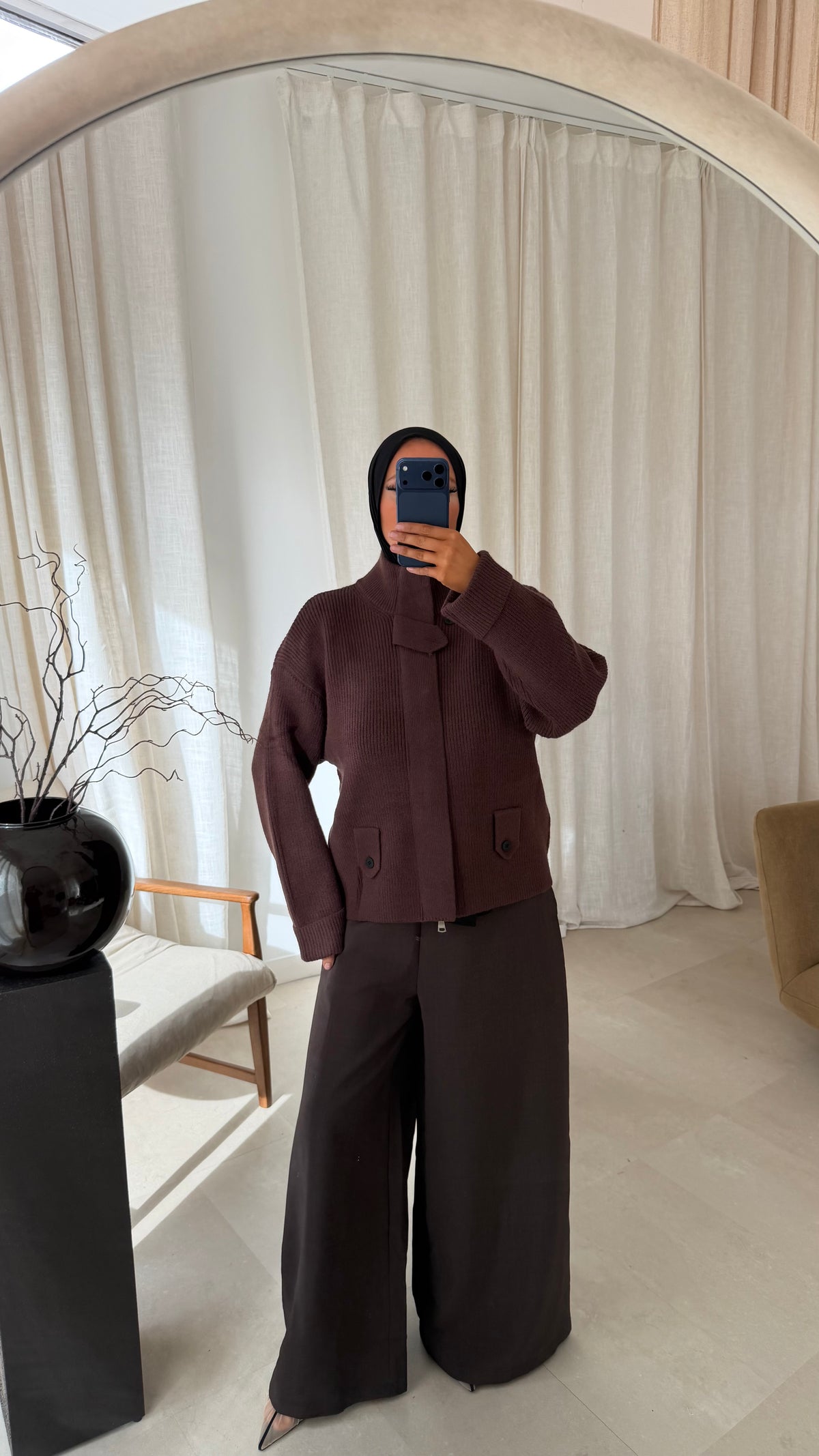 Pull grosse maille à zip à ceinture | Marron