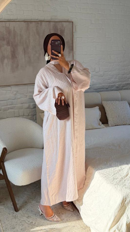 Robe longue et fluide en lin à rayures et ceinture | Rose