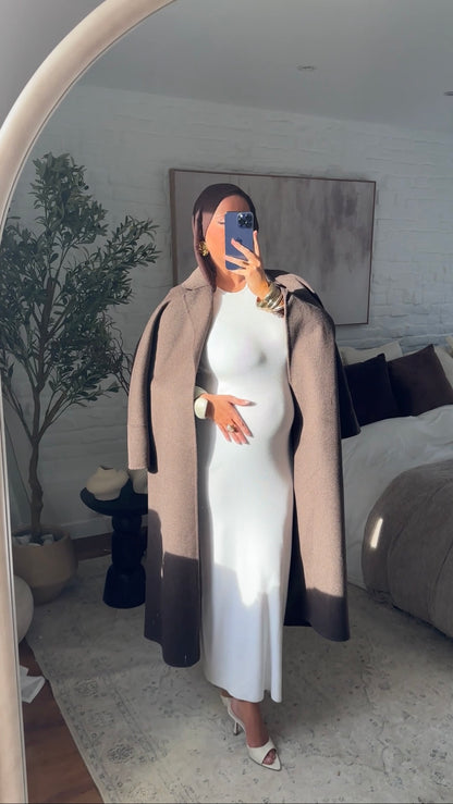 [GAMME LUXE] Manteau long en laine véritable fait main à ceinture | Marron
