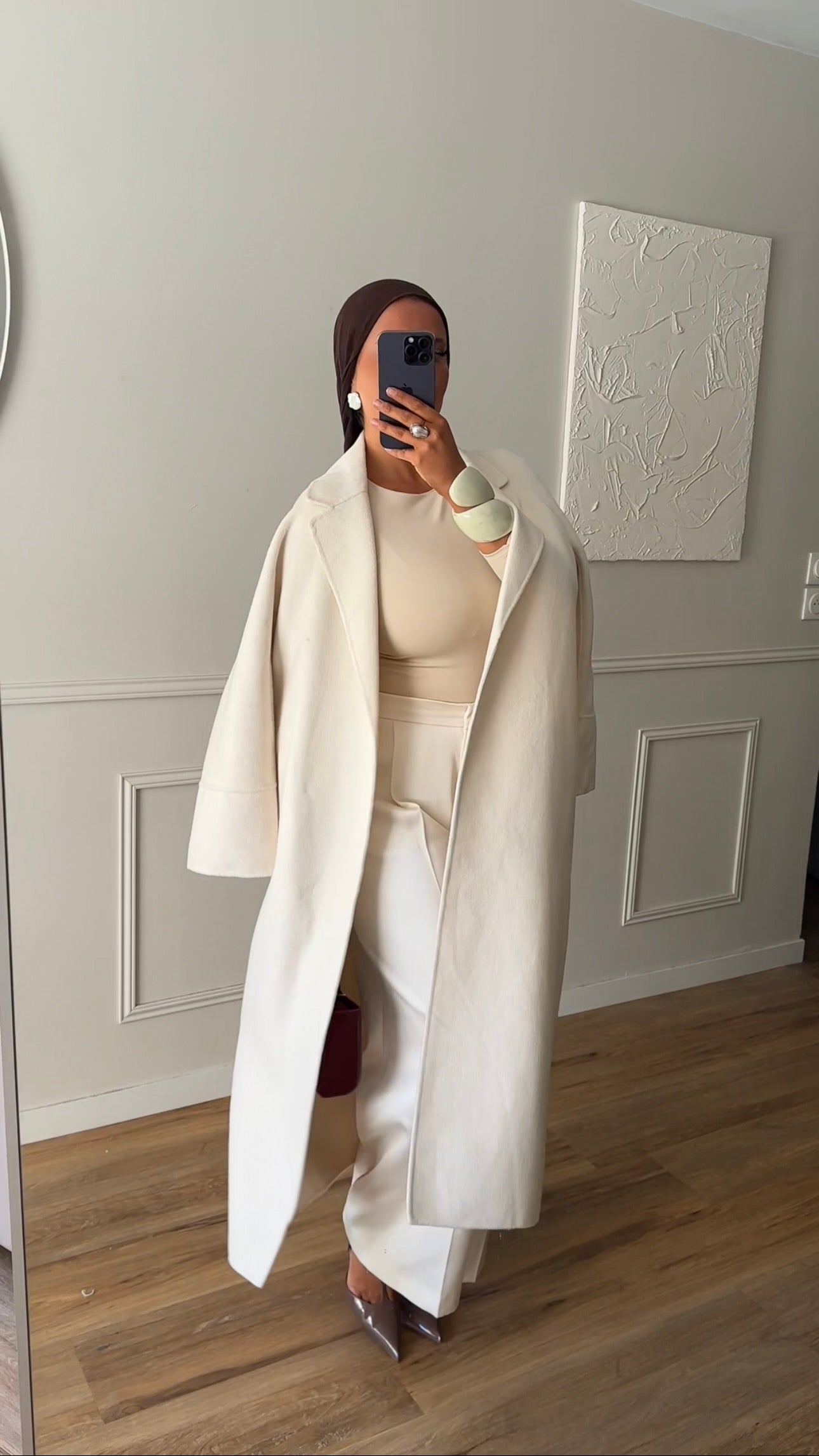 [GAMME PREMIUM] Manteau long en laine véritable fait main à ceinture | Écru