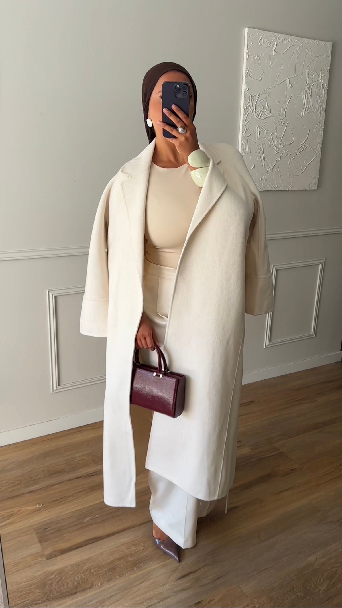 [GAMME PREMIUM] Manteau long en laine véritable fait main à ceinture | Écru
