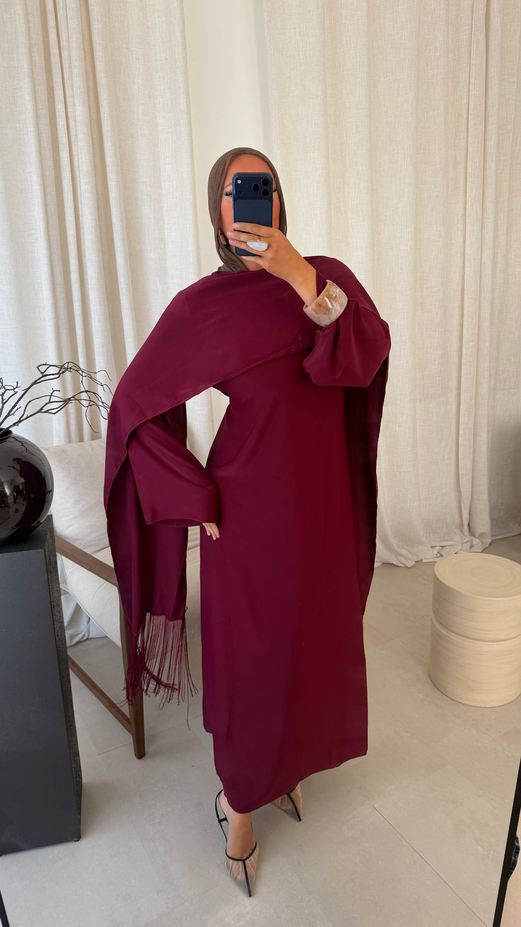 Robe ultra longue avec cape intégrée à franges | Bordeaux