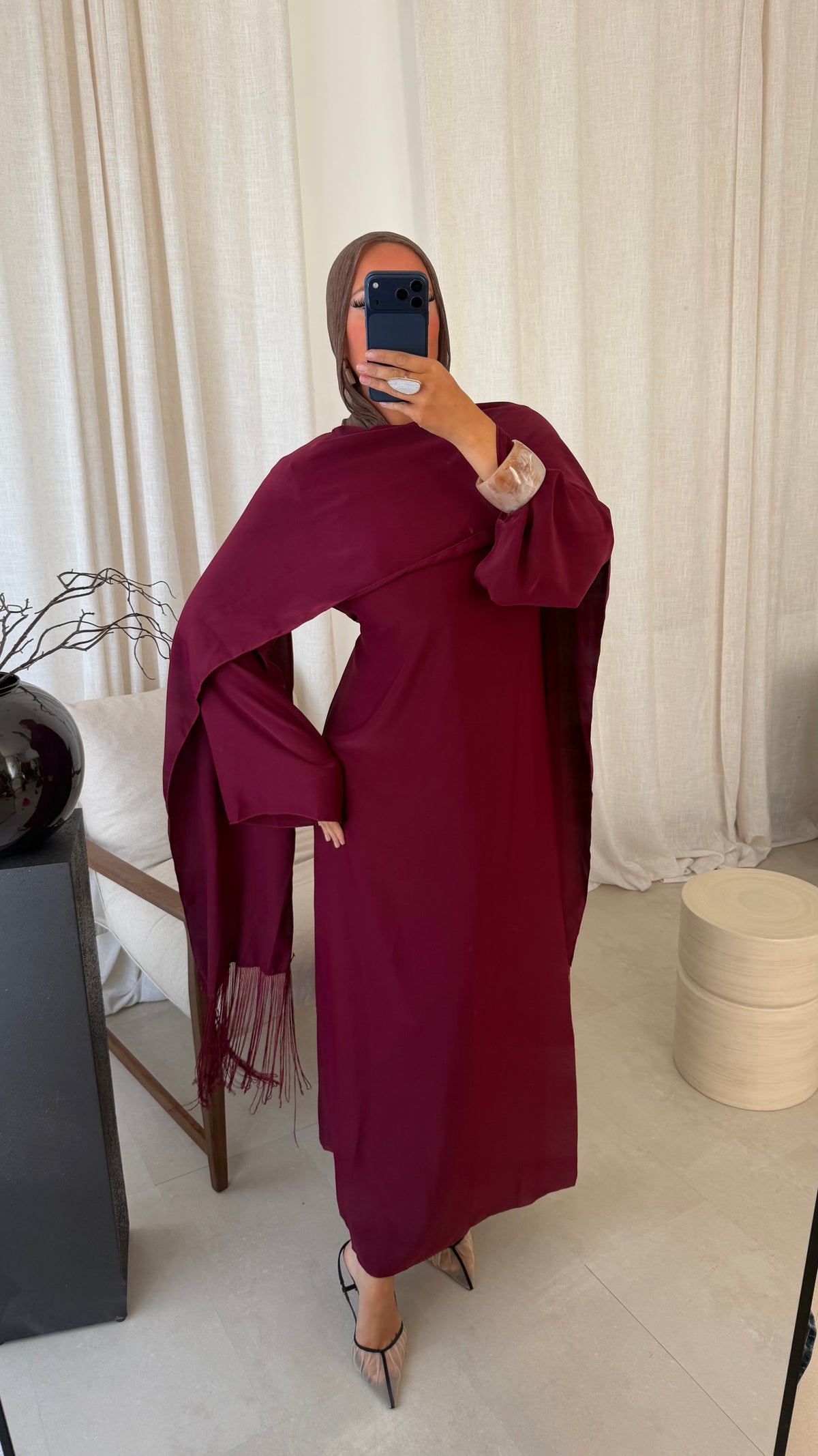 Robe ultra longue avec cape intégrée à franges | Bordeaux