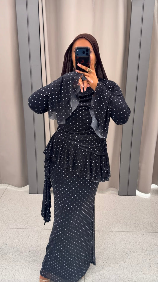 Robe ultra longue et cintrée à pois | Noir