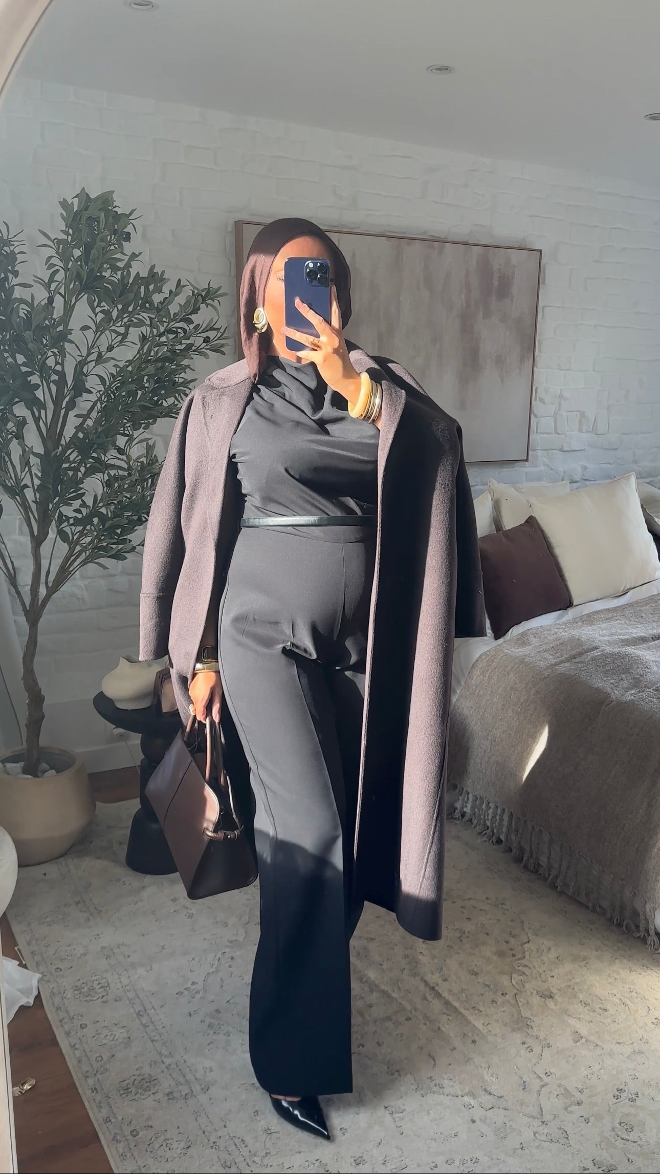 [GAMME PREMIUM] Manteau long en laine véritable fait main à ceinture | Marron dark chocolat