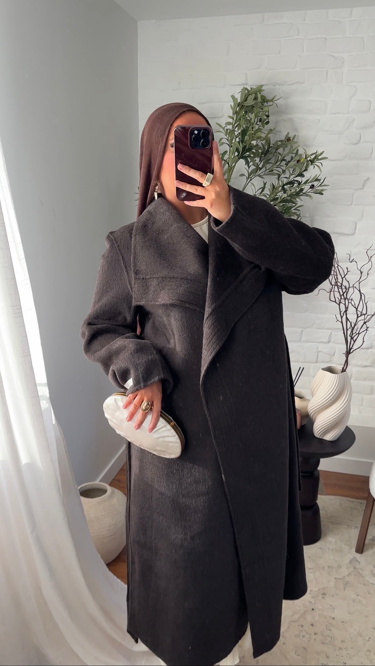 [GAMME PREMIUM] Manteau long en laine véritable fait main à ceinture | Marron