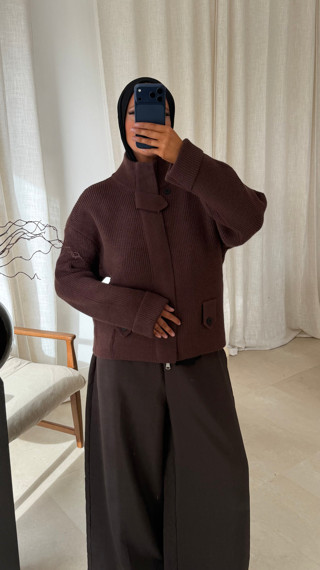 Pull grosse maille à zip à ceinture | Marron