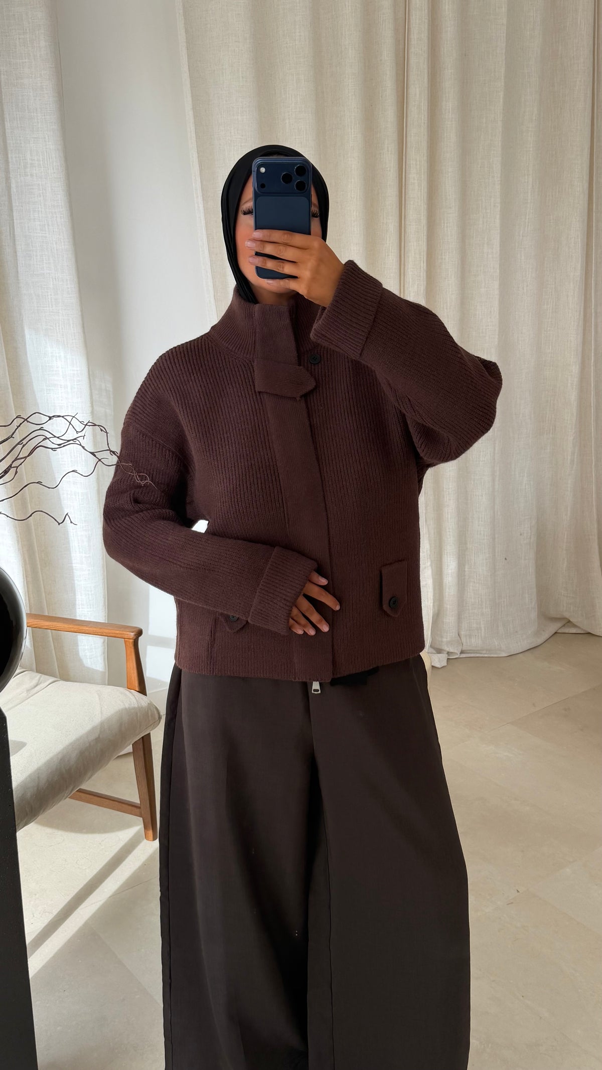 Pull grosse maille à zip à ceinture | Marron