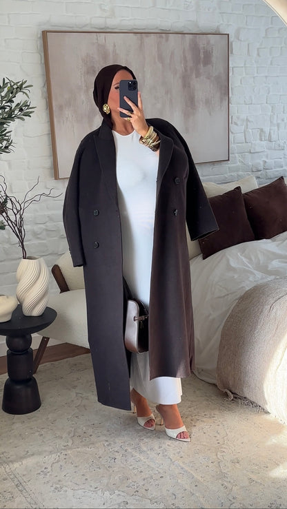[GAMME PREMIUM] Manteau ultra long en laine véritable | Marron dark chocolat