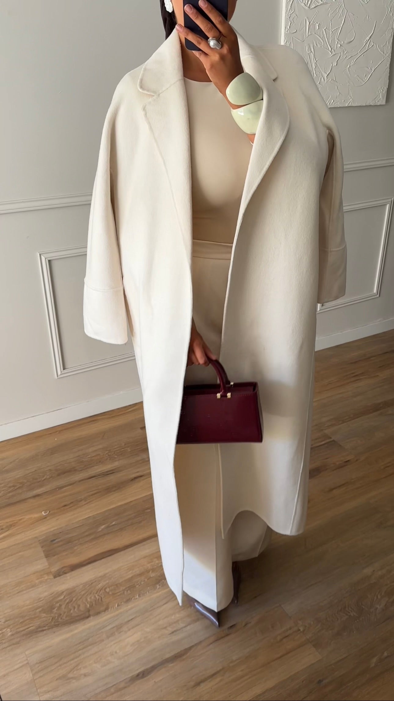 [GAMME PREMIUM] Manteau long en laine véritable fait main à ceinture | Écru