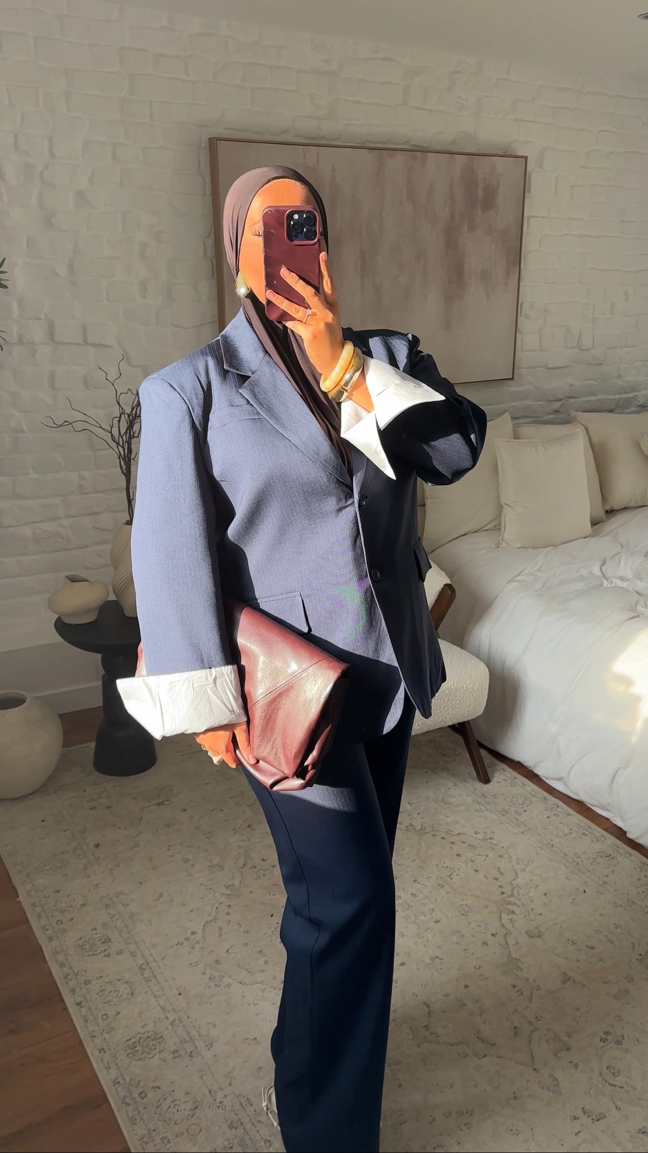 Set blazer oversize rayé et pantalon ultra long rayé oversize droit | Bleu marine