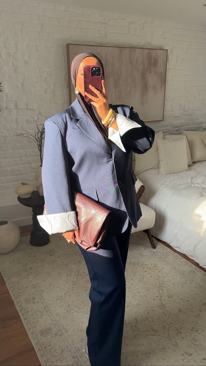 Set blazer oversize rayé et pantalon ultra long rayé oversize droit | Bleu marine
